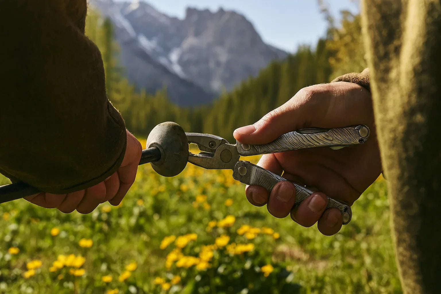 Utilisation d’une pince multifonction en plein air avec fond montagneux.