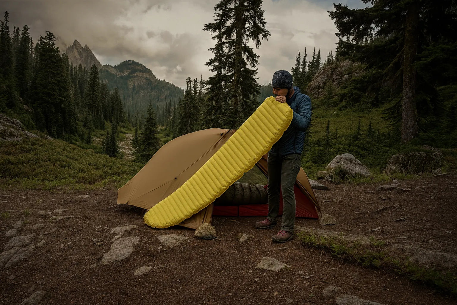 Homme gonflant un matelas ultralight jaune devant une tente en montagne.