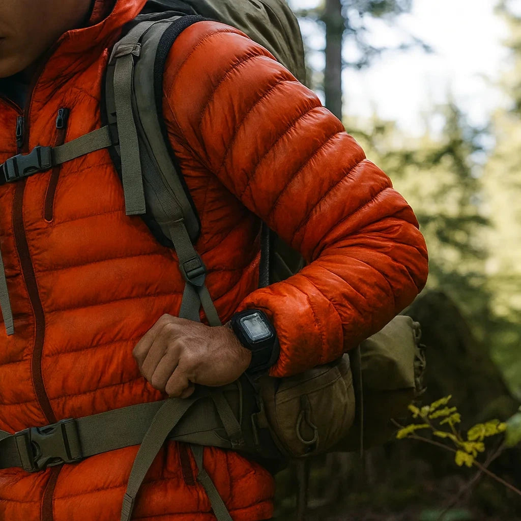 Randonneur en doudoune orange ajustant son sac en forêt.